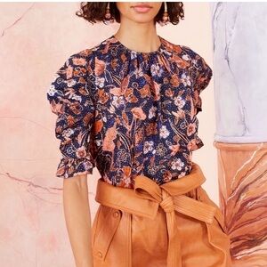 Floral Ruffle Sleeve Top - Navy and Orange